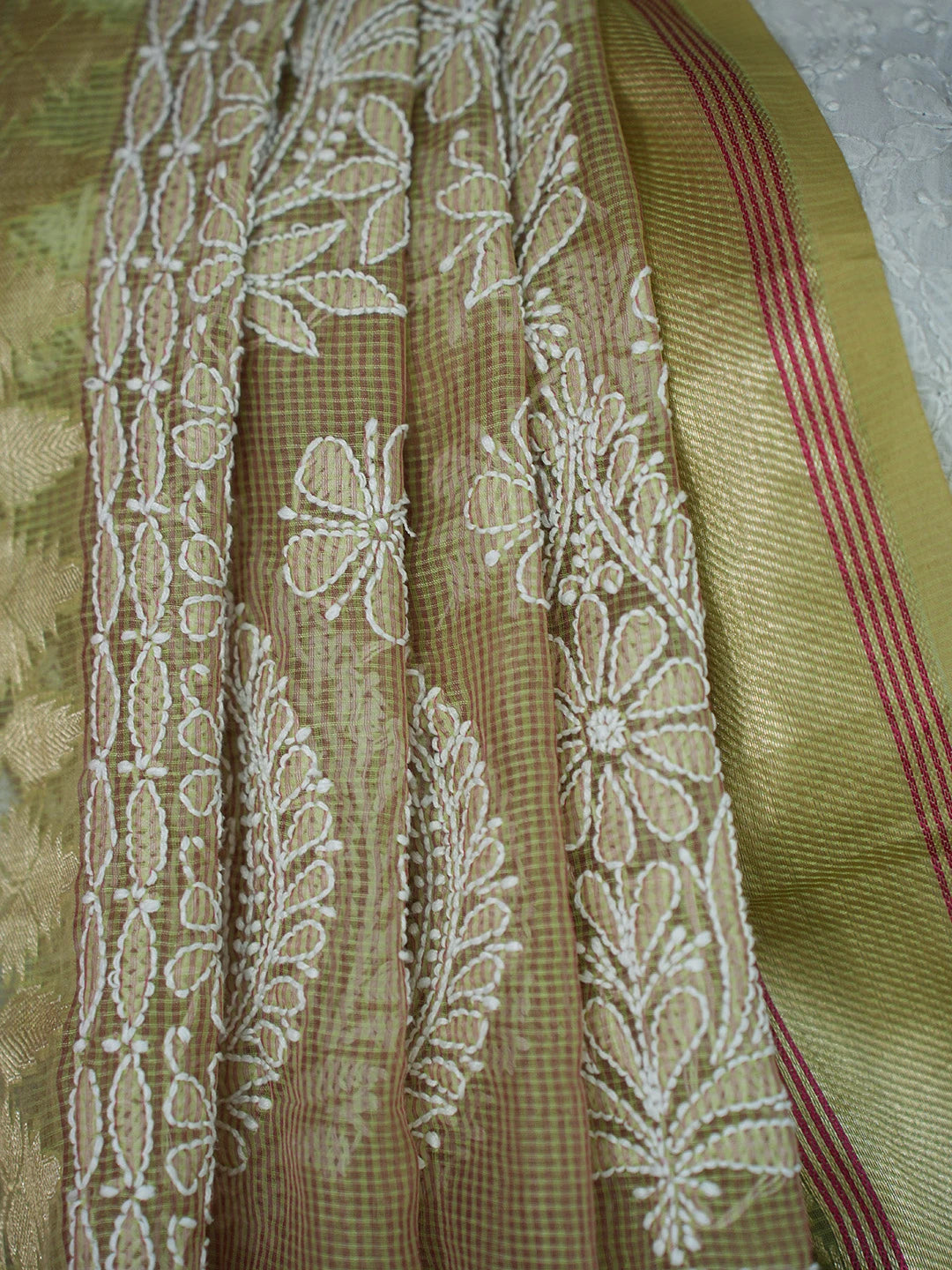 Ada Hand Embroidered Mehandi Green Chanderi Lucknowi Chikankari Saree and Blouse 01A719800