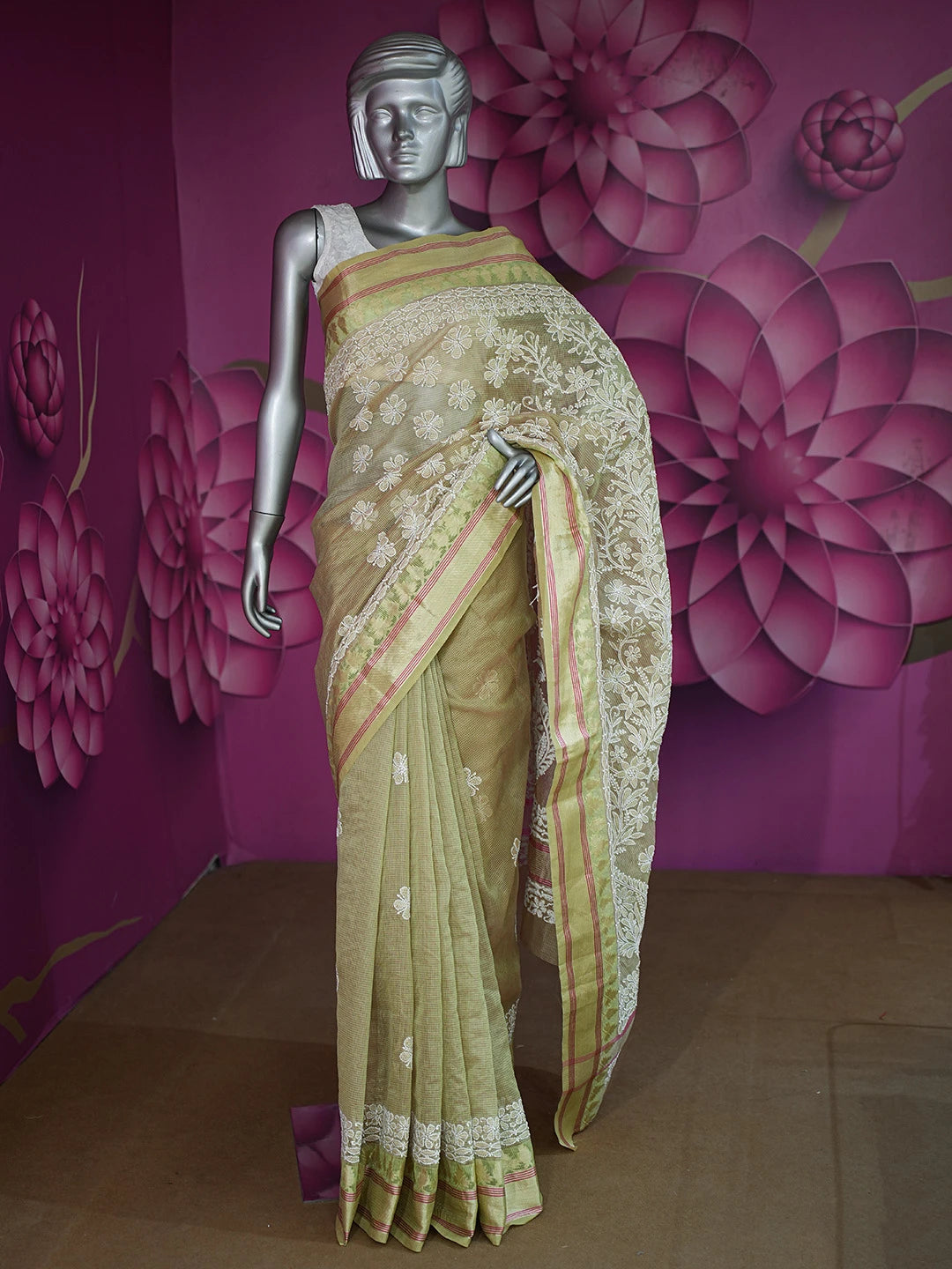 Ada Hand Embroidered Mehandi Green Chanderi Lucknowi Chikankari Saree and Blouse 01A719800