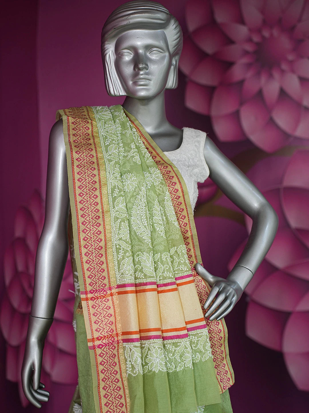 Ada Hand Embroidered Green Chanderi Lucknowi Chikankari Saree and Blouse 01A719802