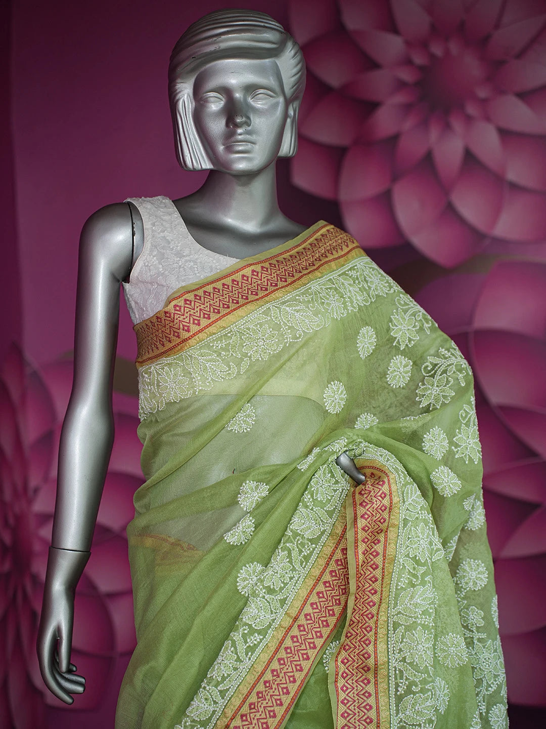 Ada Hand Embroidered Green Chanderi Lucknowi Chikankari Saree and Blouse 01A719802