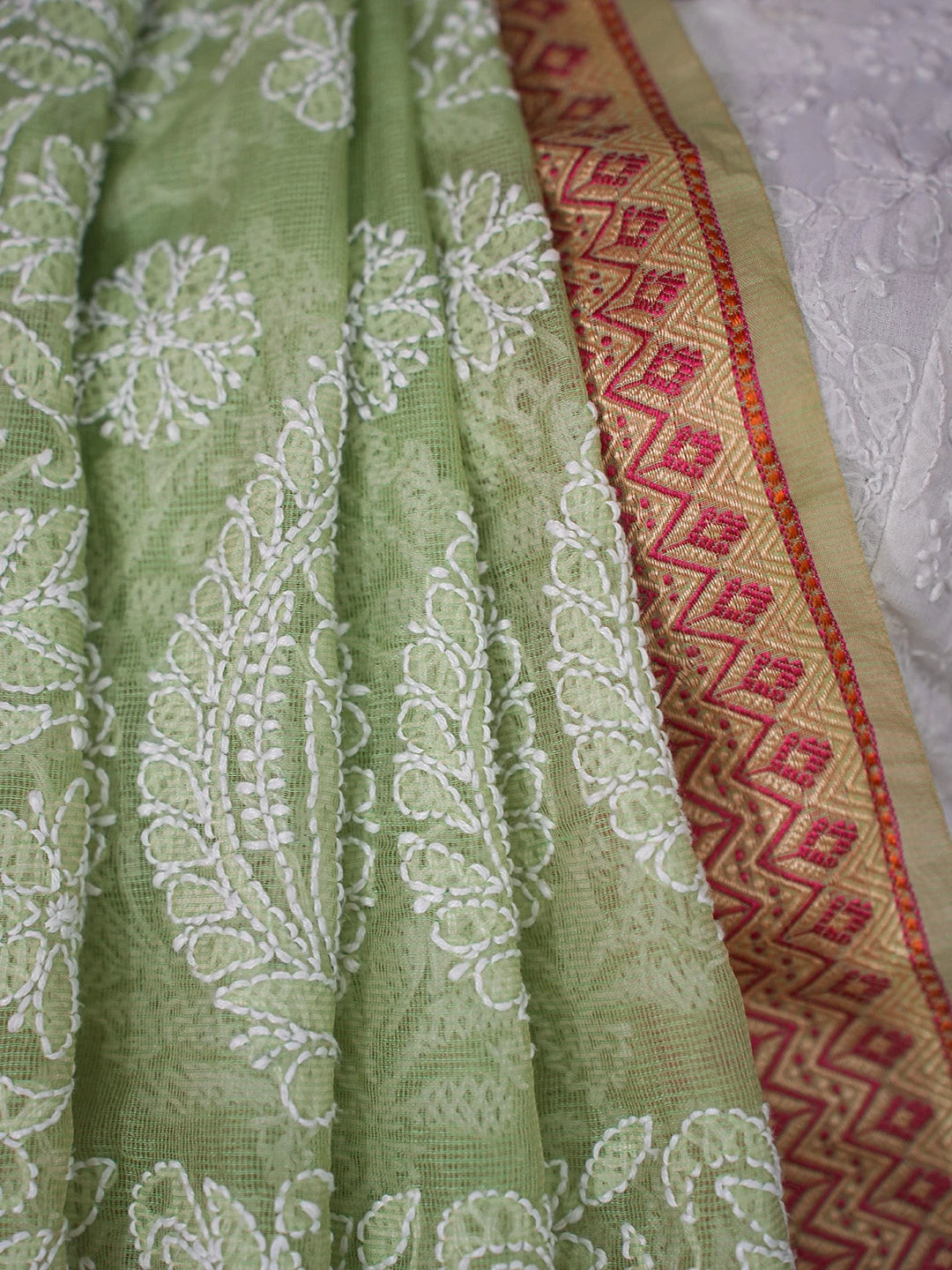 Ada Hand Embroidered Green Chanderi Lucknowi Chikankari Saree and Blouse 01A719802