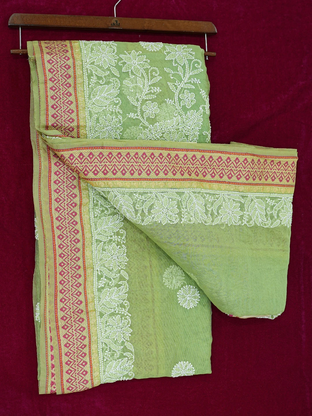 Ada Hand Embroidered Green Chanderi Lucknowi Chikankari Saree and Blouse 01A719802