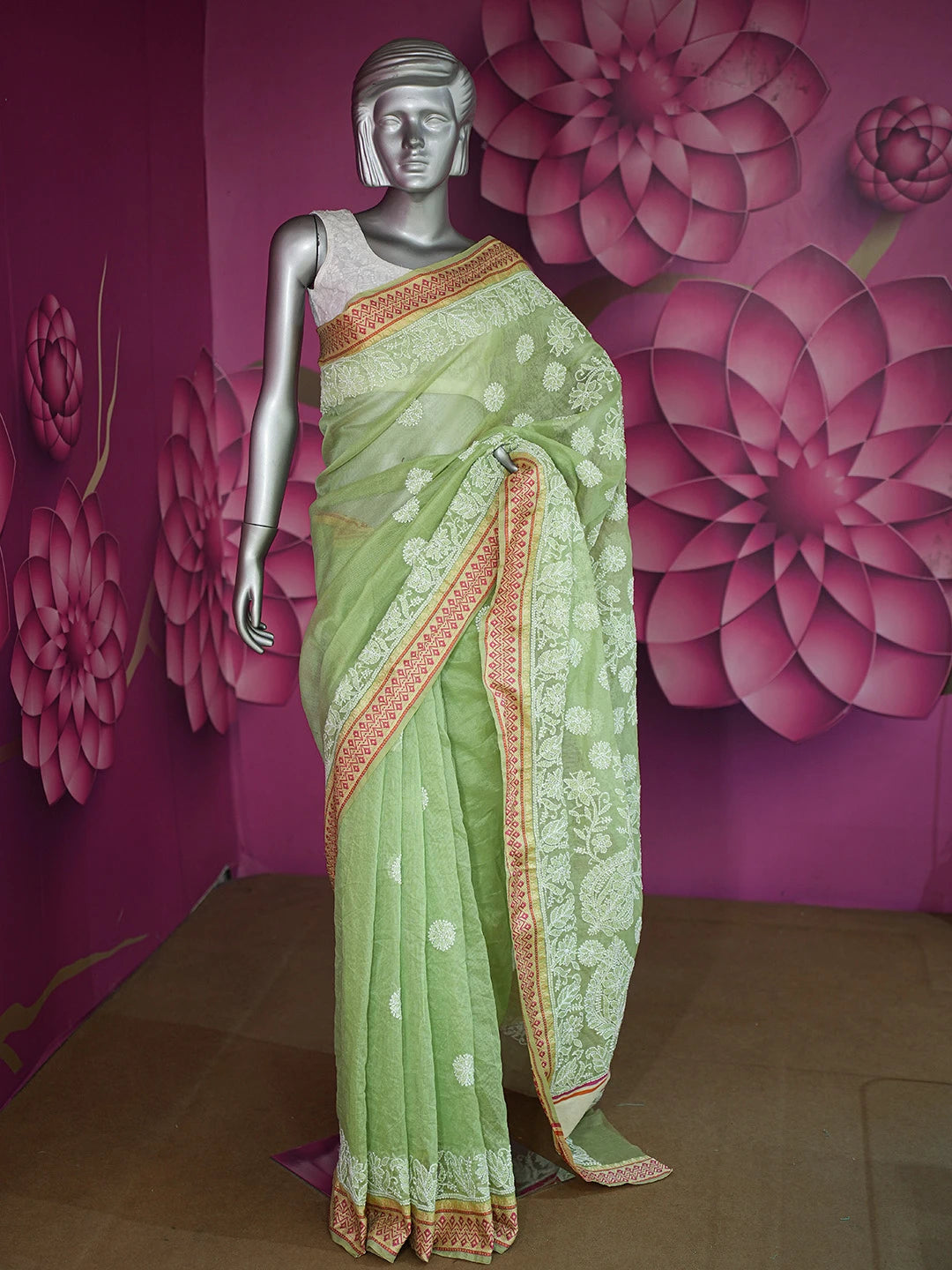 Ada Hand Embroidered Green Chanderi Lucknowi Chikankari Saree and Blouse 01A719802