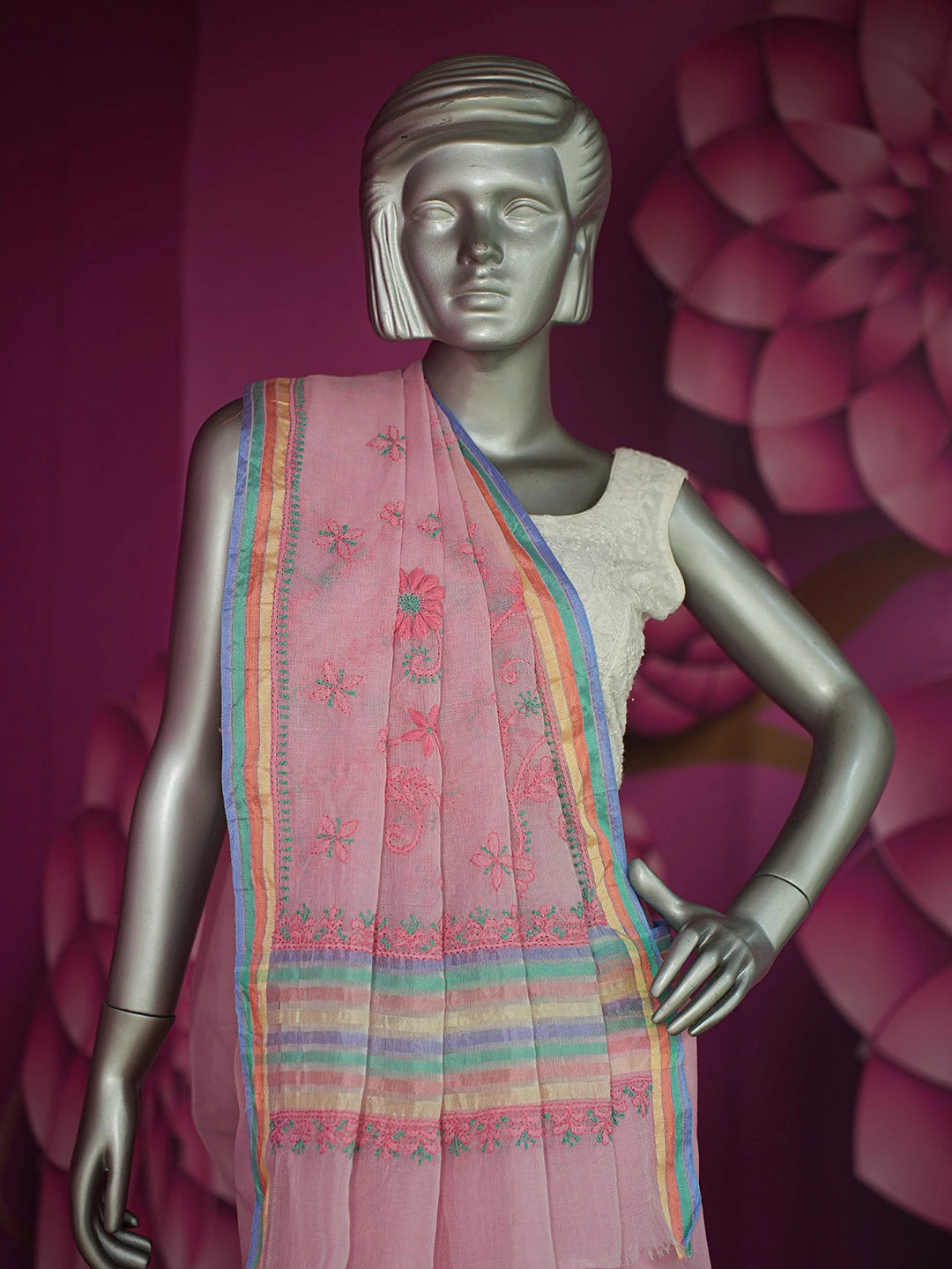 Ada Hand Embroidered Pink Super Net Chanderi Lucknowi Chikankari Saree and Blouse 01A688579