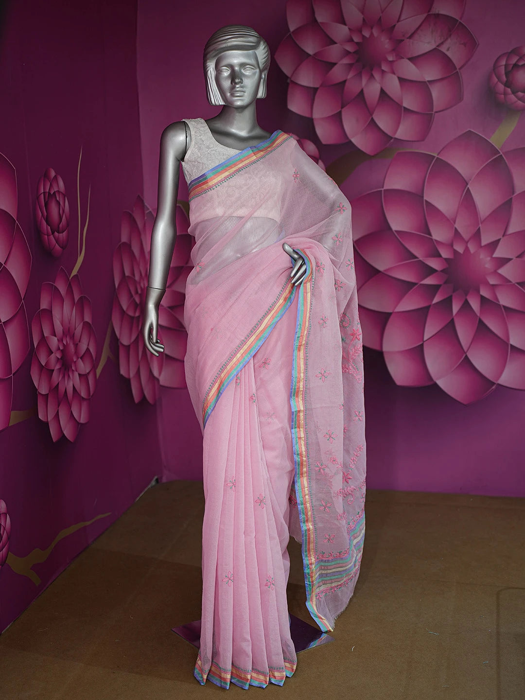 Ada Hand Embroidered Pink Super Net Chanderi Lucknowi Chikankari Saree and Blouse 01A688579