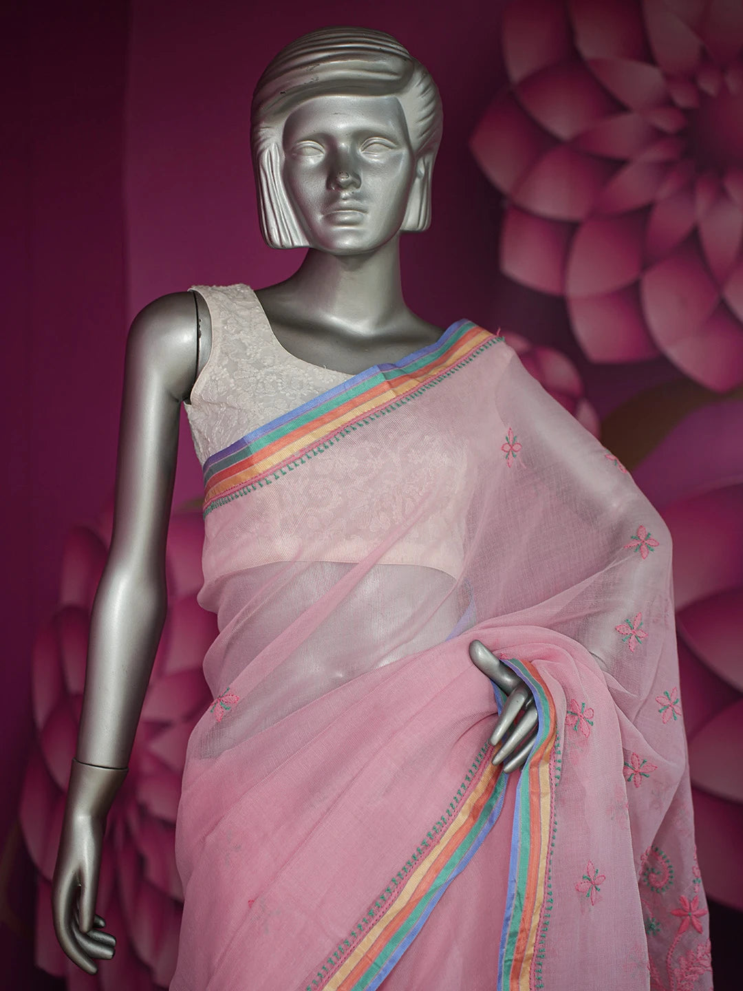 Ada Hand Embroidered Pink Super Net Chanderi Lucknowi Chikankari Saree and Blouse 01A688579