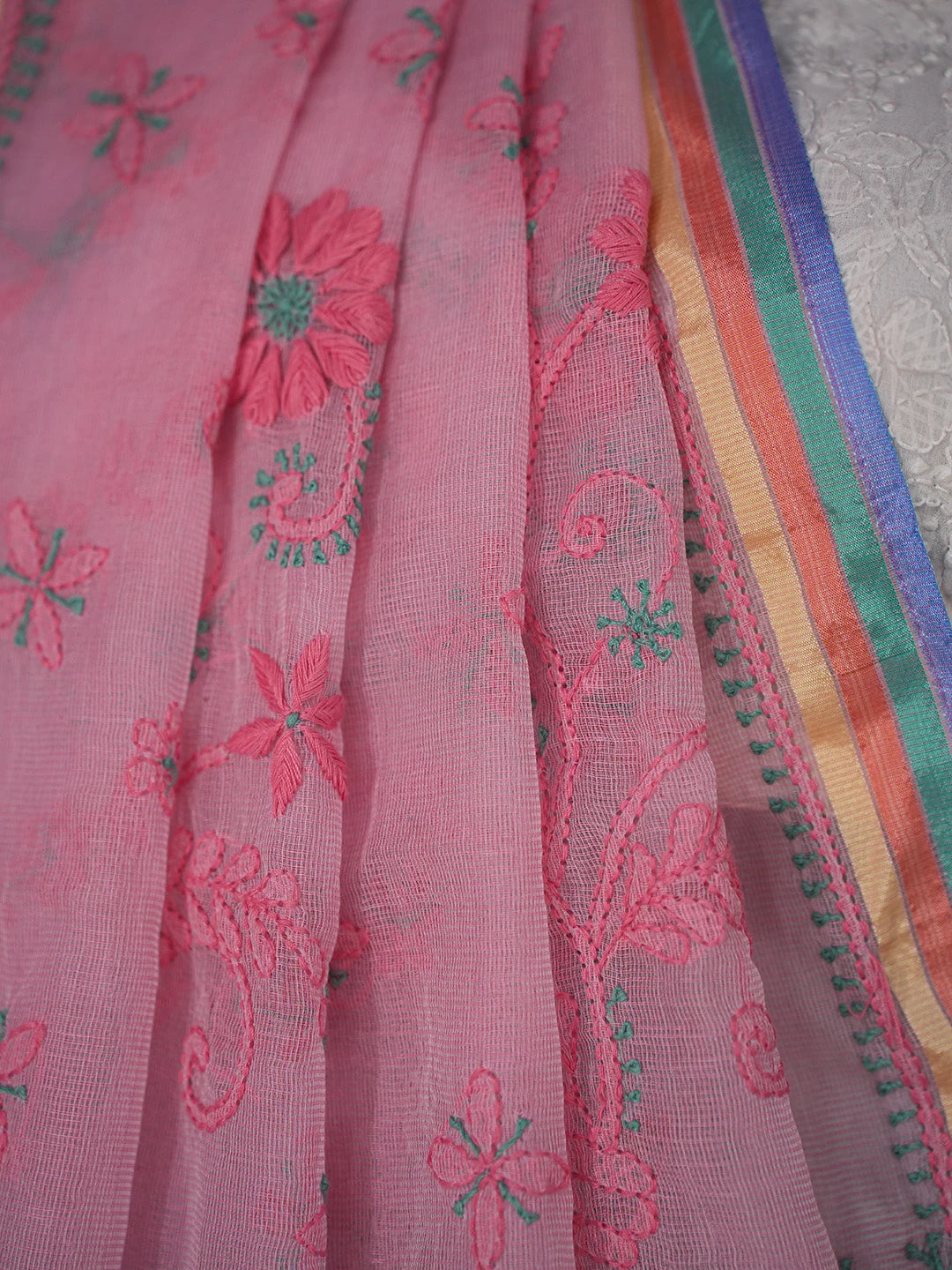 Ada Hand Embroidered Pink Super Net Chanderi Lucknowi Chikankari Saree and Blouse 01A688579