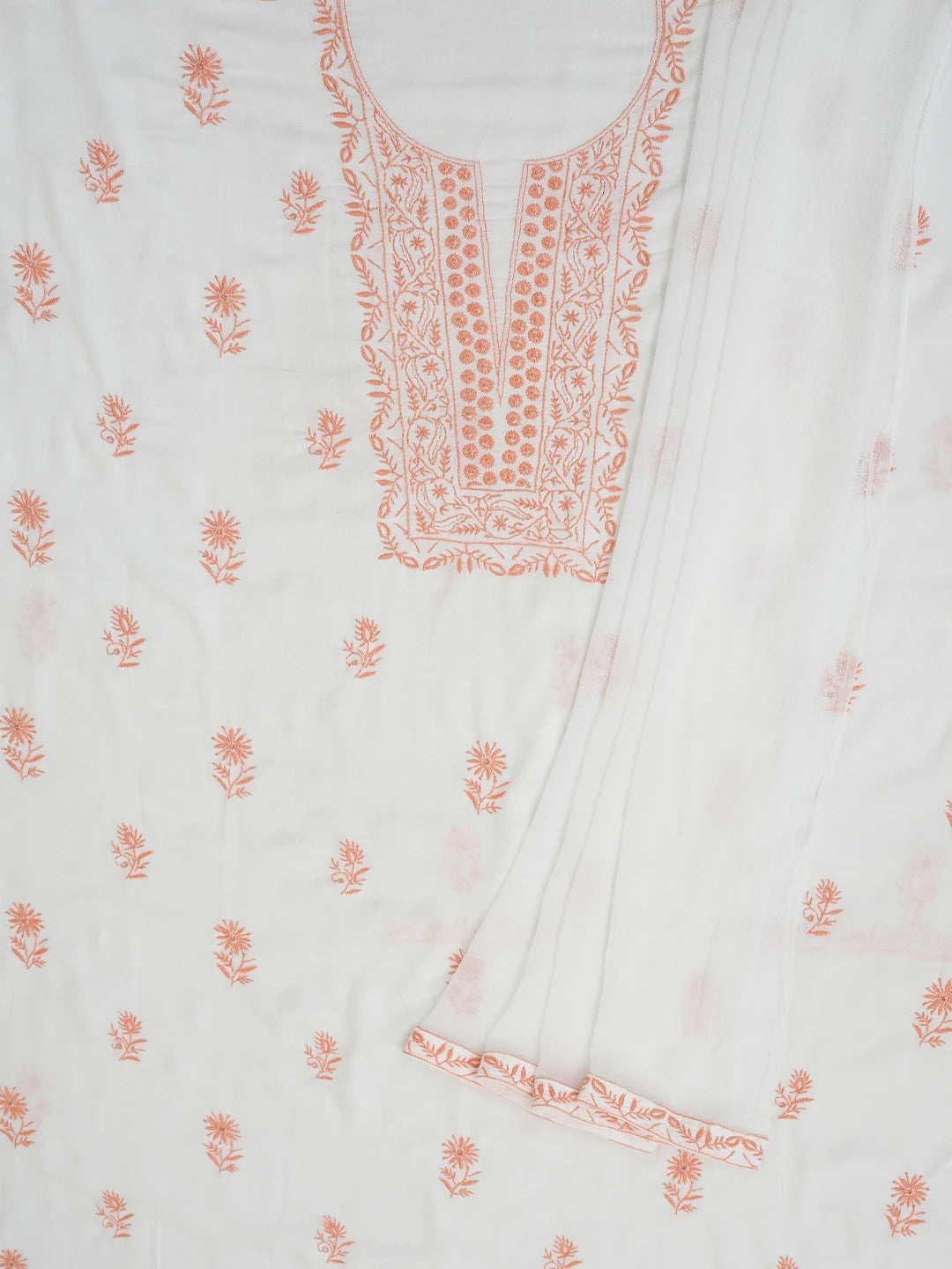 Ada Hand Embroidered White Modal Lucknowi Chikankari Unstitched Kurta Dupatta Set 01A392264