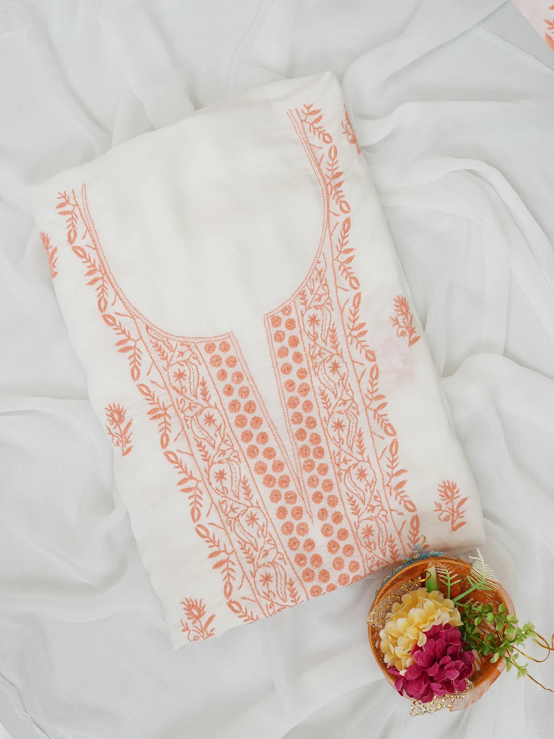 Ada Hand Embroidered White Modal Lucknowi Chikankari Unstitched Kurta Dupatta Set 01A392264
