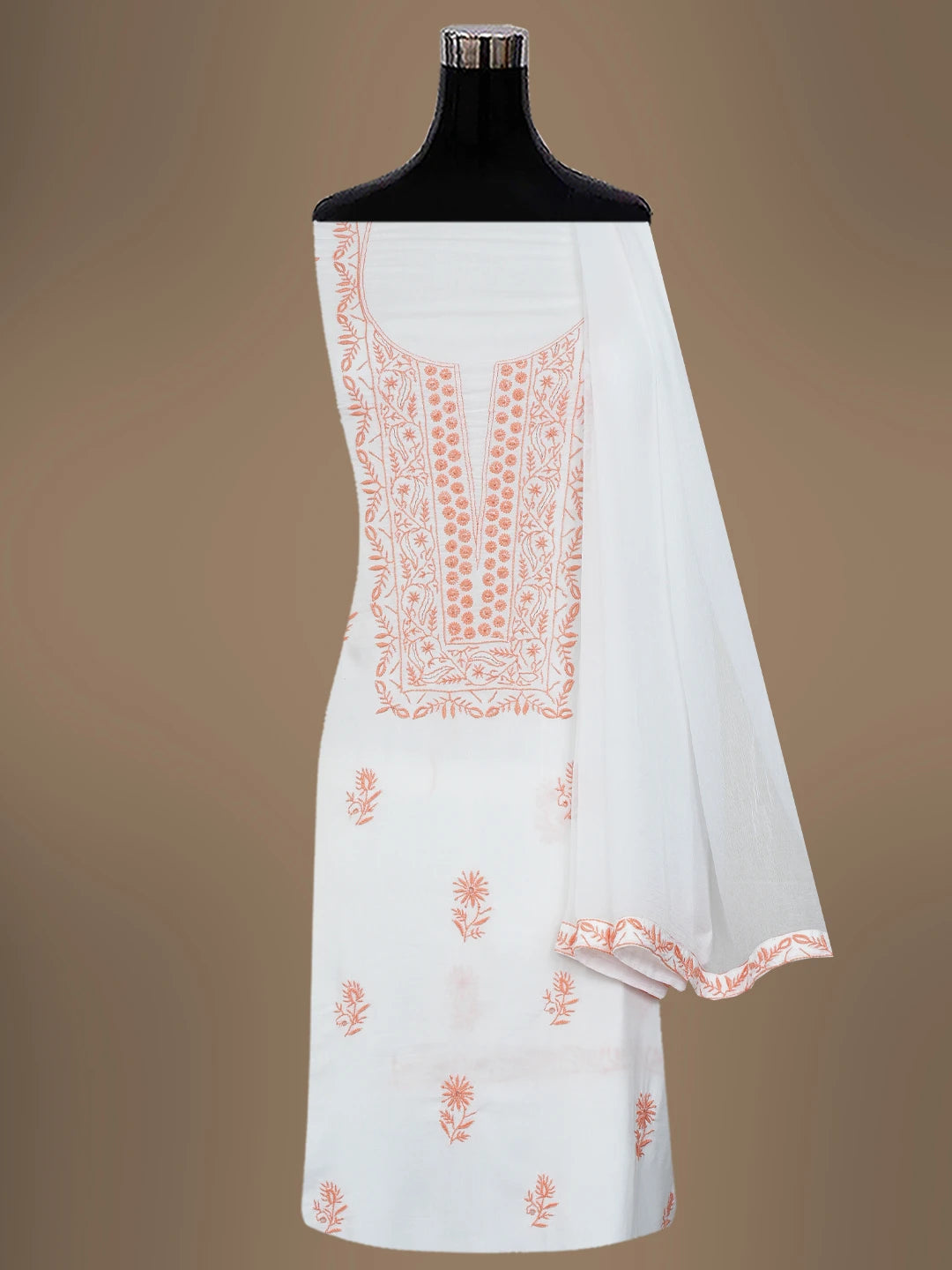 Ada Hand Embroidered White Modal Lucknowi Chikankari Unstitched Kurta Dupatta Set 01A392264