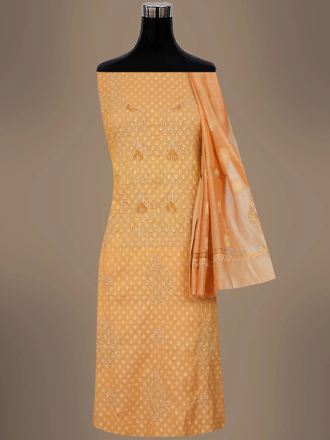 Ada Hand Embroidered Copper Brown Chanderi Lucknowi Chikankari Unstitched Kurta Dupatta Set 01A584676