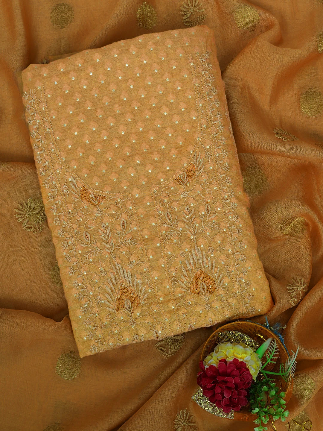 Ada Hand Embroidered Copper Brown Chanderi Lucknowi Chikankari Unstitched Kurta Dupatta Set 01A584676