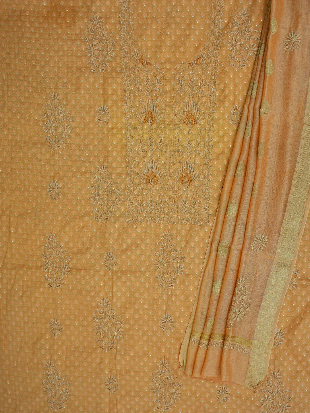 Ada Hand Embroidered Copper Brown Chanderi Lucknowi Chikankari Unstitched Kurta Dupatta Set 01A584676