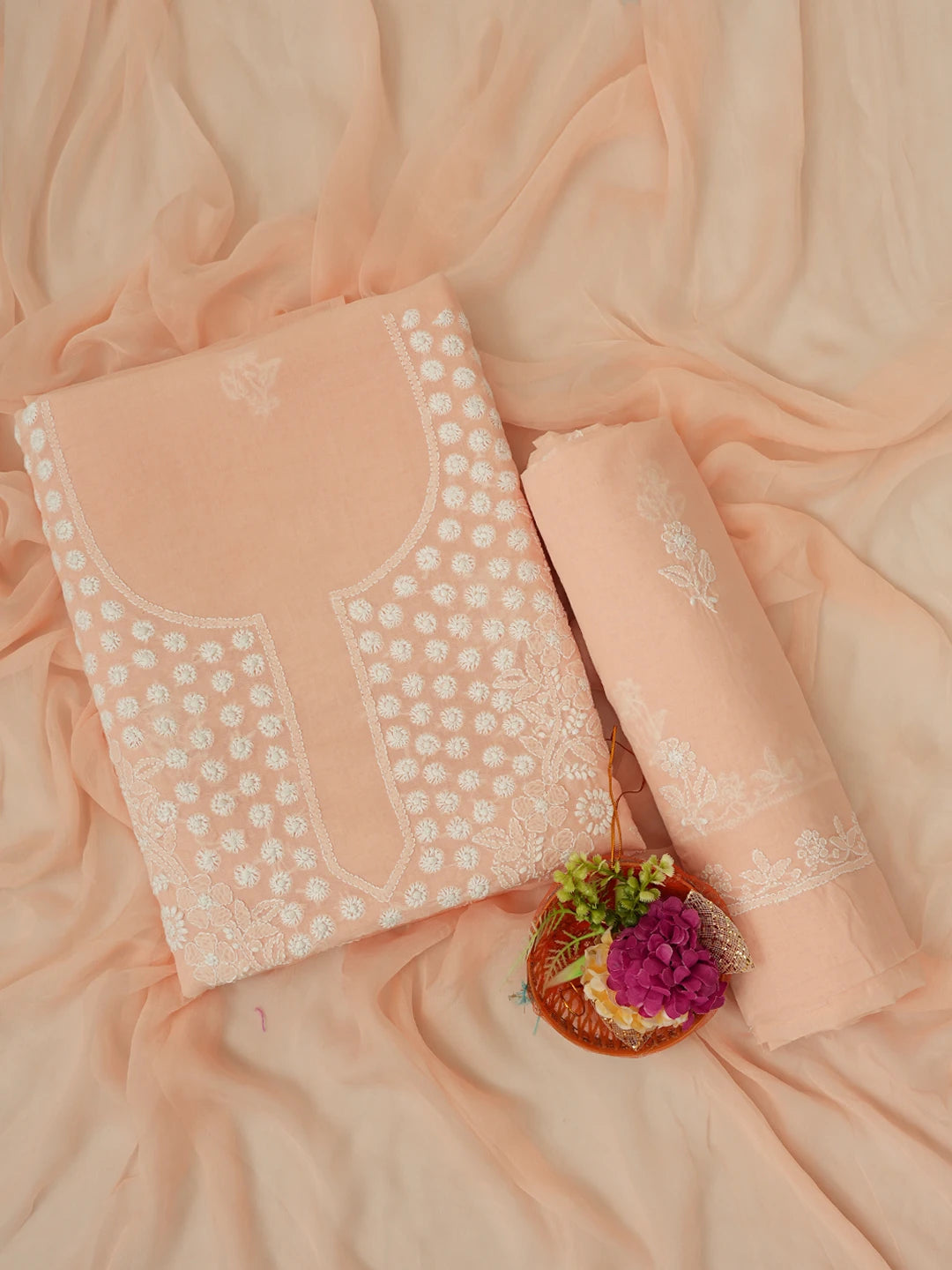 Ada Hand Embroidered Cryola Peach Cotton Lucknowi Chikankari Unstitched Suit Piece 01A670267