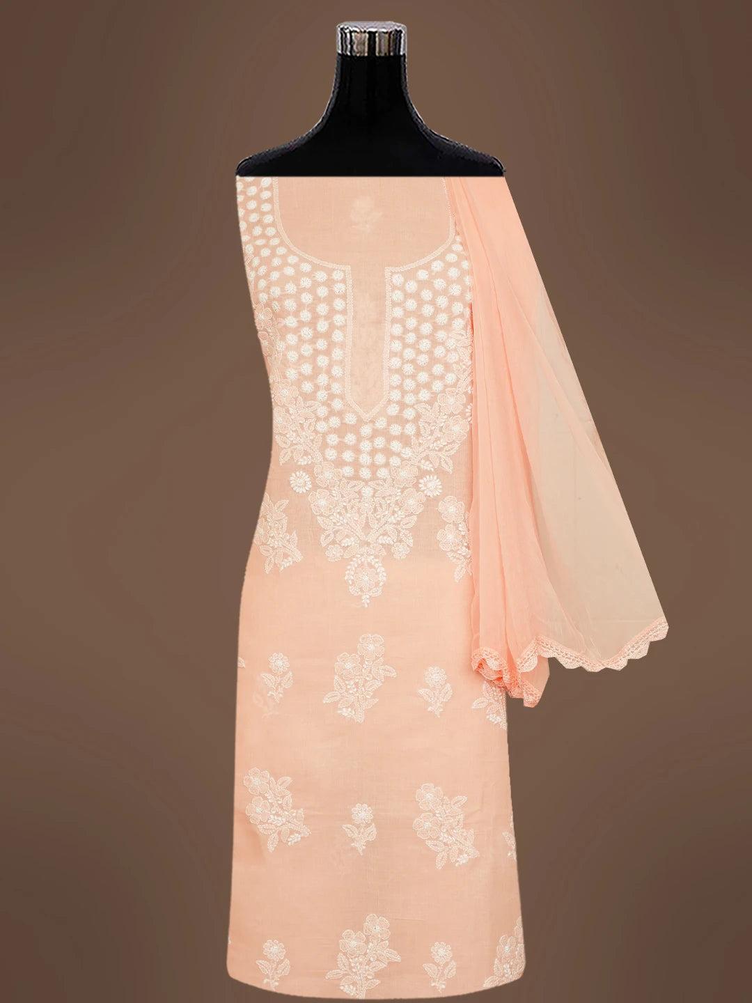 Ada Hand Embroidered Cryola Peach Cotton Lucknowi Chikankari Unstitched Suit Piece 01A670267