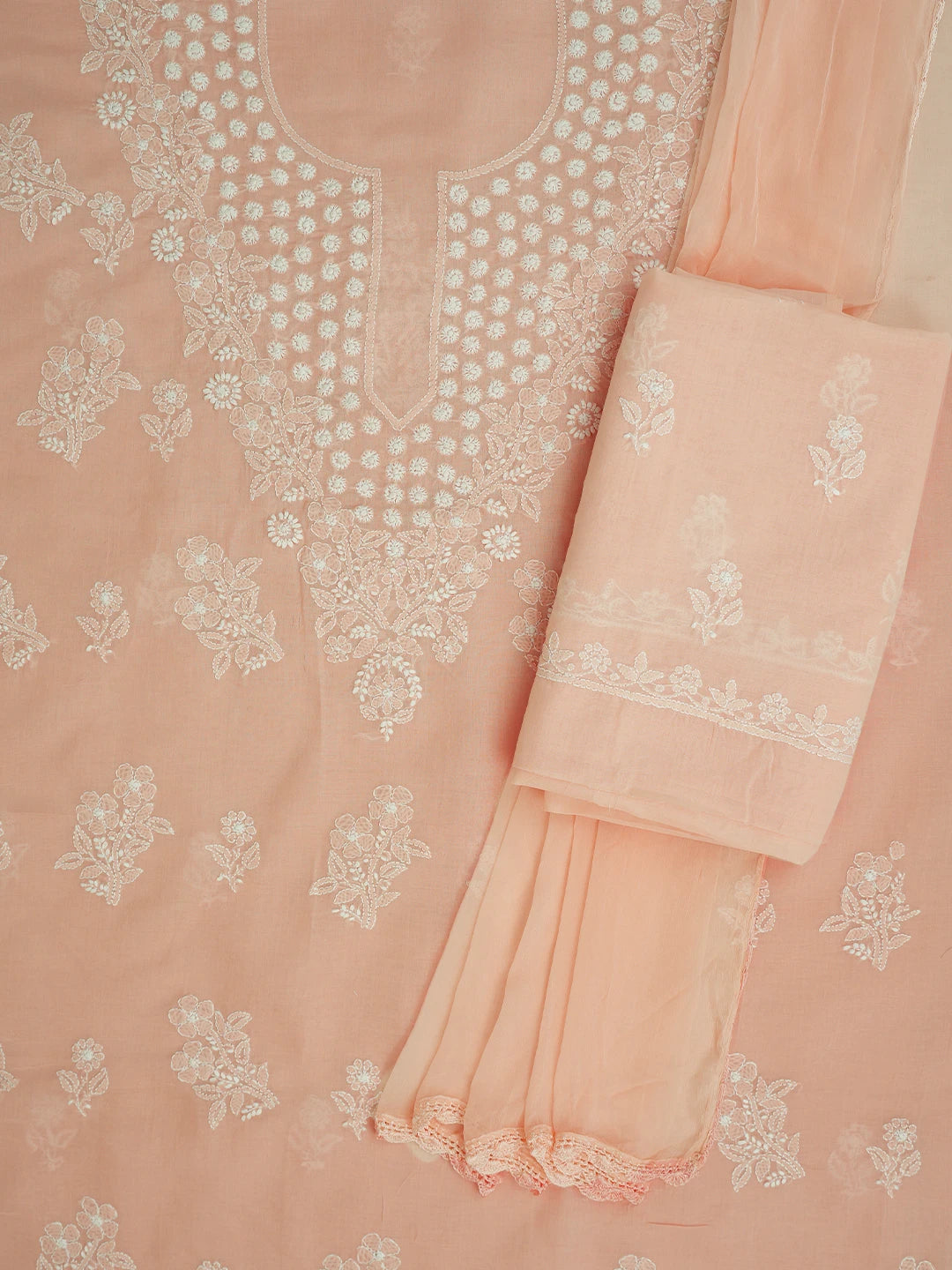 Ada Hand Embroidered Cryola Peach Cotton Lucknowi Chikankari Unstitched Suit Piece 01A670267