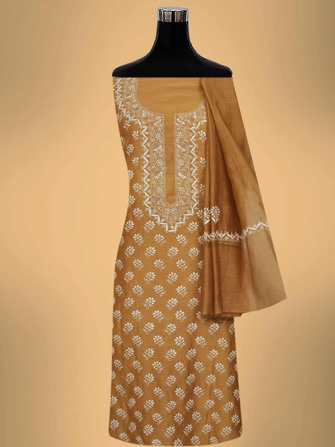 Ada Hand Embroidered Brown Chanderi Lucknowi Chikankari Unstitched Kurta Dupatta Set 01A680092