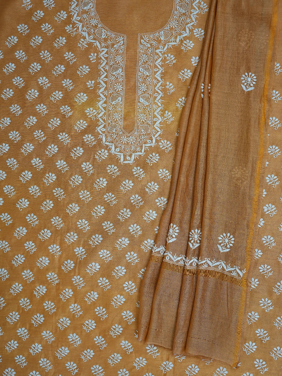 Ada Hand Embroidered Brown Chanderi Lucknowi Chikankari Unstitched Kurta Dupatta Set 01A680092