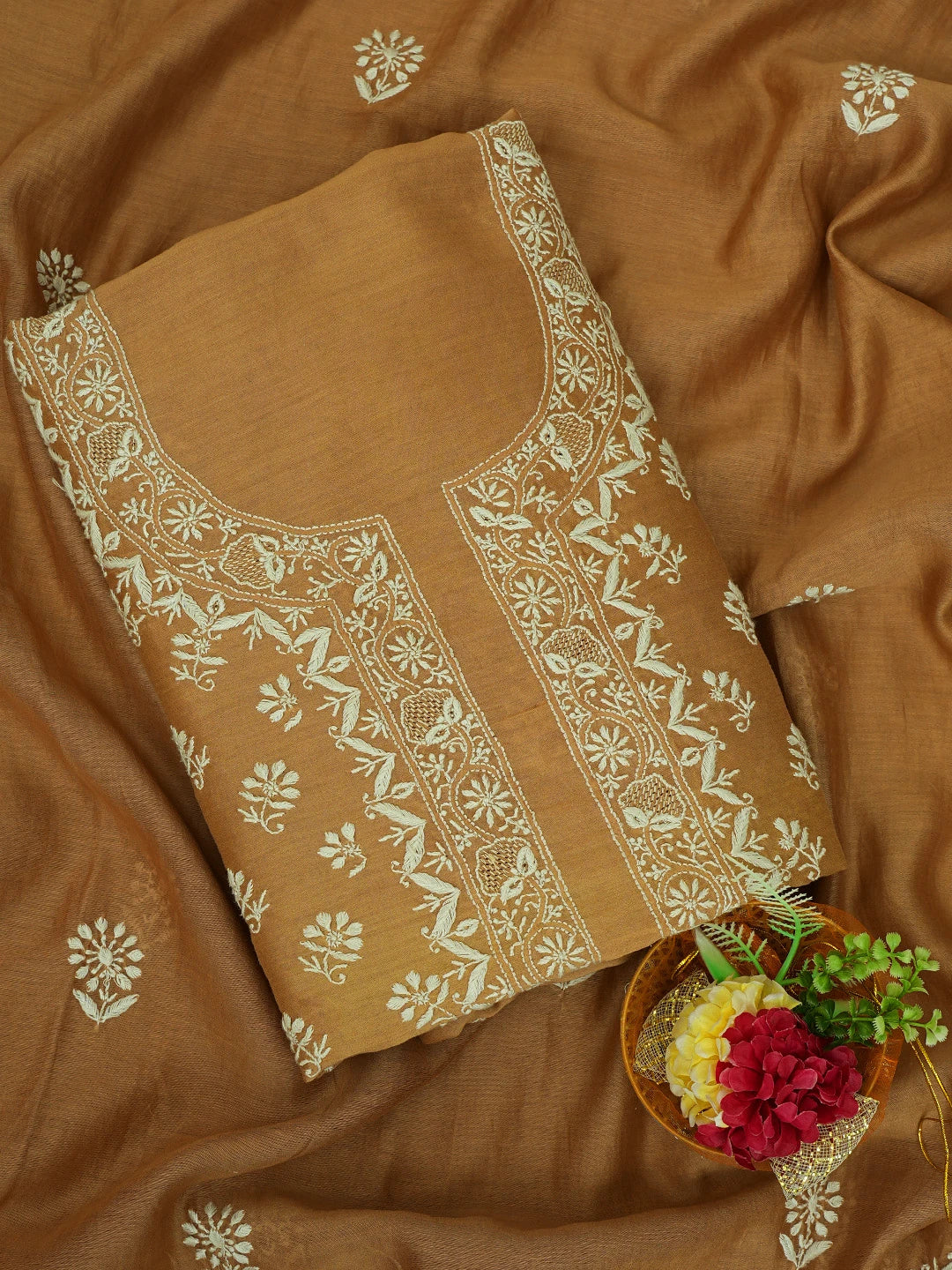 Ada Hand Embroidered Brown Chanderi Lucknowi Chikankari Unstitched Kurta Dupatta Set 01A680092