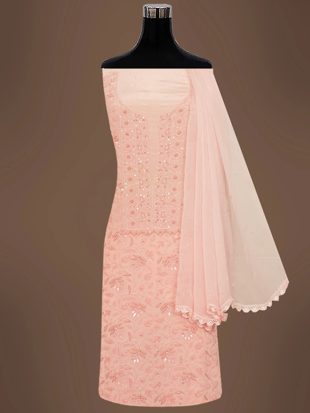 Ada Hand Embroidered Creamy Peach Muslin Lucknowi Chikankari Unstitched Suit Piece with Cutdana and Sequinned Work 01A618380
