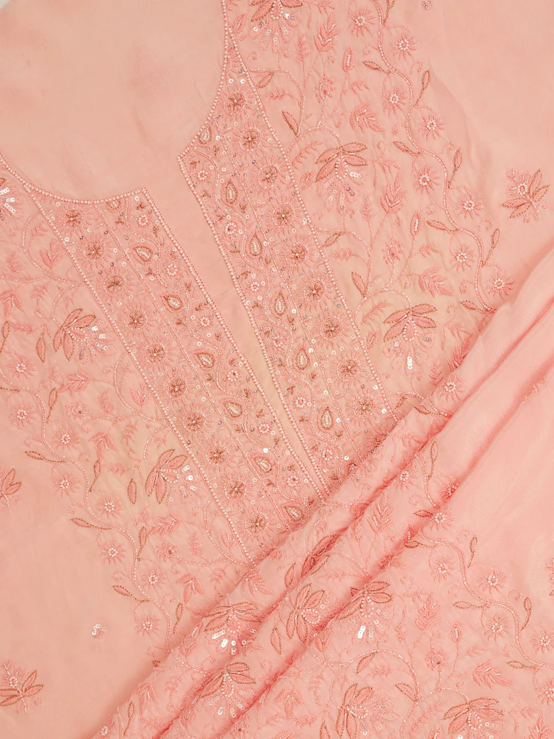 Ada Hand Embroidered Creamy Peach Muslin Lucknowi Chikankari Unstitched Suit Piece with Cutdana and Sequinned Work 01A618380