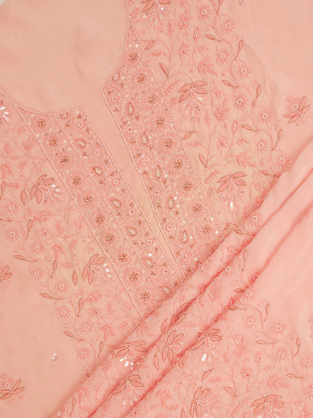 Ada Hand Embroidered Creamy Peach Muslin Lucknowi Chikankari Unstitched Suit Piece with Cutdana and Sequinned Work 01A618380