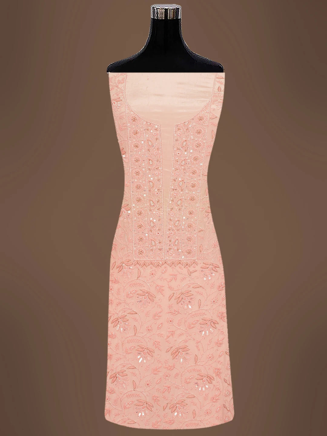 Ada Hand Embroidered Creamy Peach Muslin Lucknowi Chikankari Unstitched Suit Piece with Cutdana and Sequinned Work 01A618380