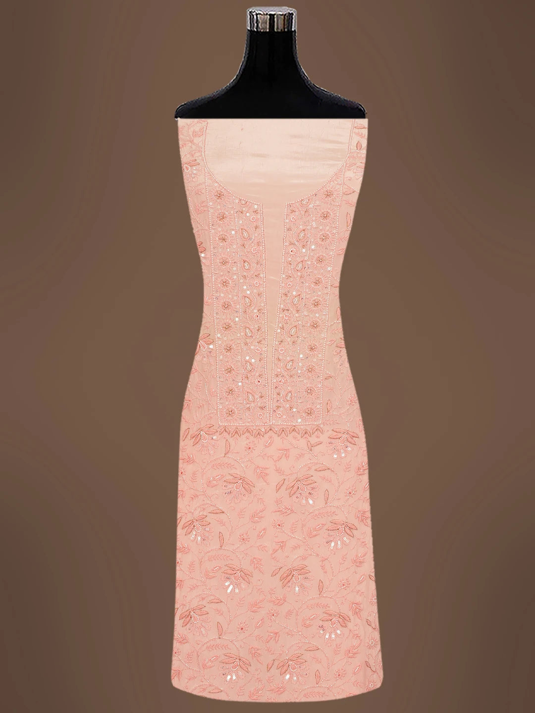 Ada Hand Embroidered Creamy Peach Muslin Lucknowi Chikankari Unstitched Suit Piece with Cutdana and Sequinned Work 01A618380