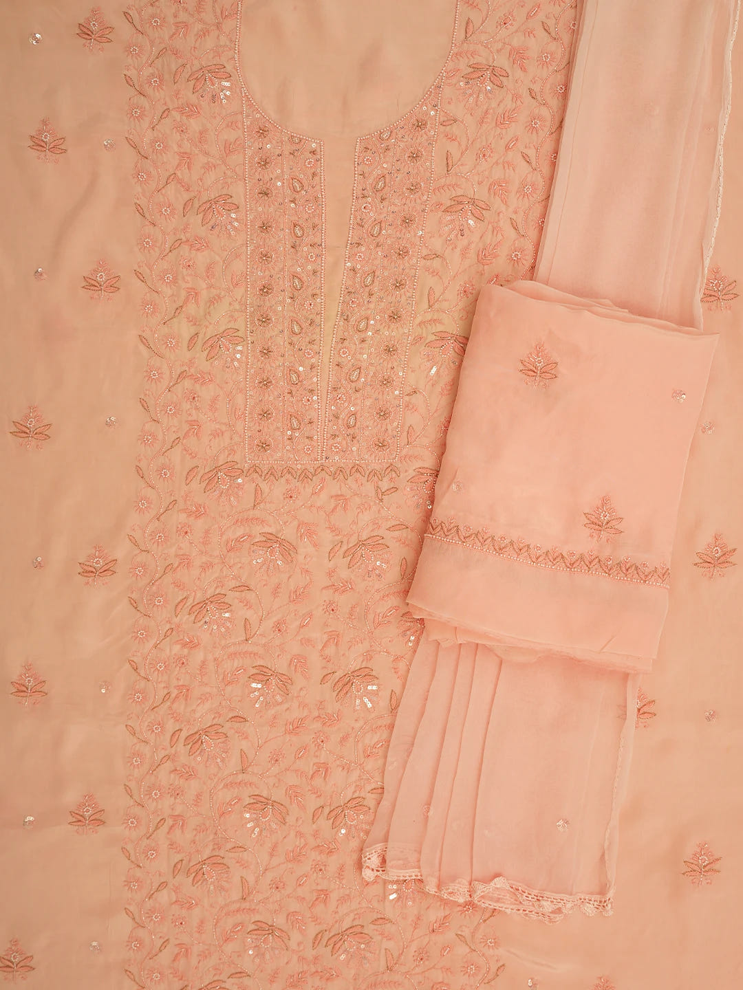 Ada Hand Embroidered Creamy Peach Muslin Lucknowi Chikankari Unstitched Suit Piece with Cutdana and Sequinned Work 01A618380