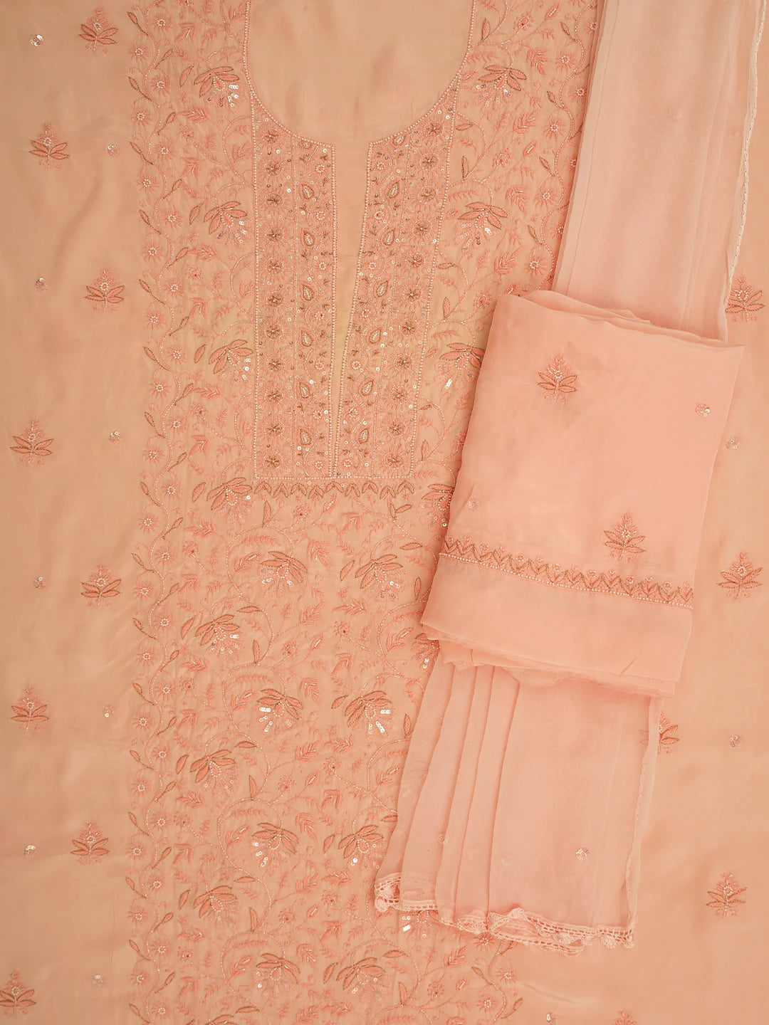Ada Hand Embroidered Creamy Peach Muslin Lucknowi Chikankari Unstitched Suit Piece with Cutdana and Sequinned Work 01A618380