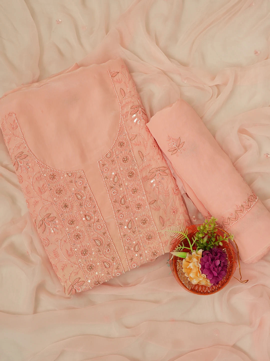 Ada Hand Embroidered Creamy Peach Muslin Lucknowi Chikankari Unstitched Suit Piece with Cutdana and Sequinned Work 01A618380