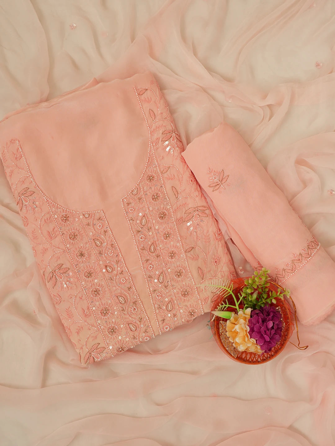 Ada Hand Embroidered Creamy Peach Muslin Lucknowi Chikankari Unstitched Suit Piece with Cutdana and Sequinned Work 01A618380