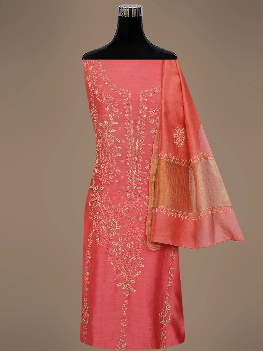 Ada Hand Embroidered Carrot Pink Chanderi Lucknowi Chikankari Unstitched Kurta Dupatta Set 01A689112