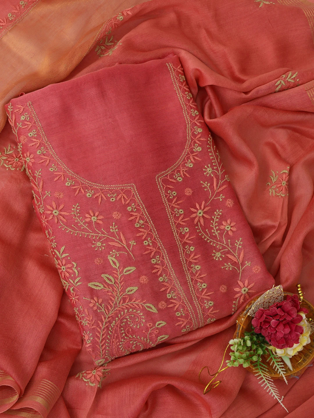 Ada Hand Embroidered Carrot Pink Chanderi Lucknowi Chikankari Unstitched Kurta Dupatta Set 01A689112