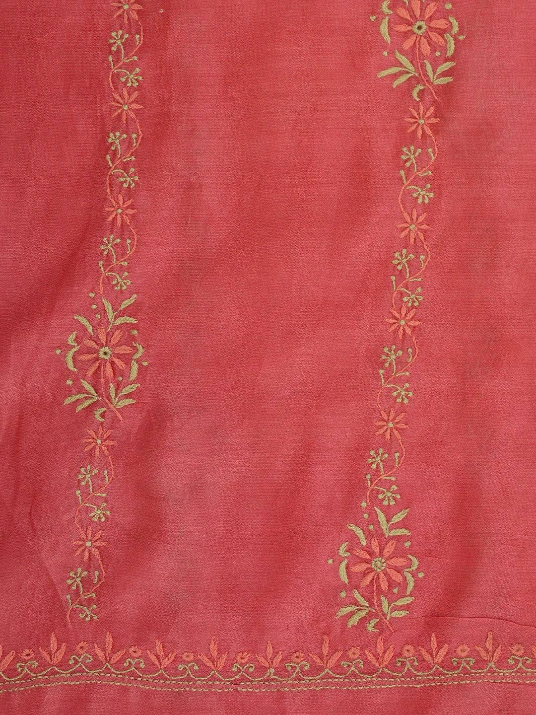 Ada Hand Embroidered Carrot Pink Chanderi Lucknowi Chikankari Unstitched Kurta Dupatta Set 01A689112