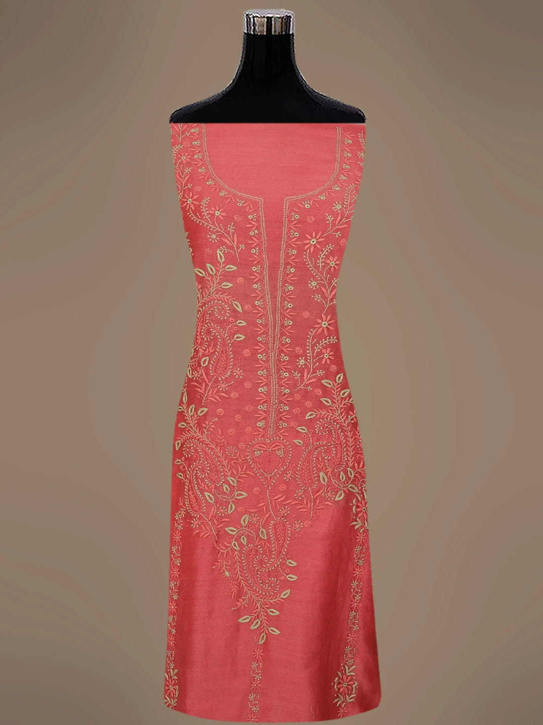Ada Hand Embroidered Carrot Pink Chanderi Lucknowi Chikankari Unstitched Kurta Dupatta Set 01A689112
