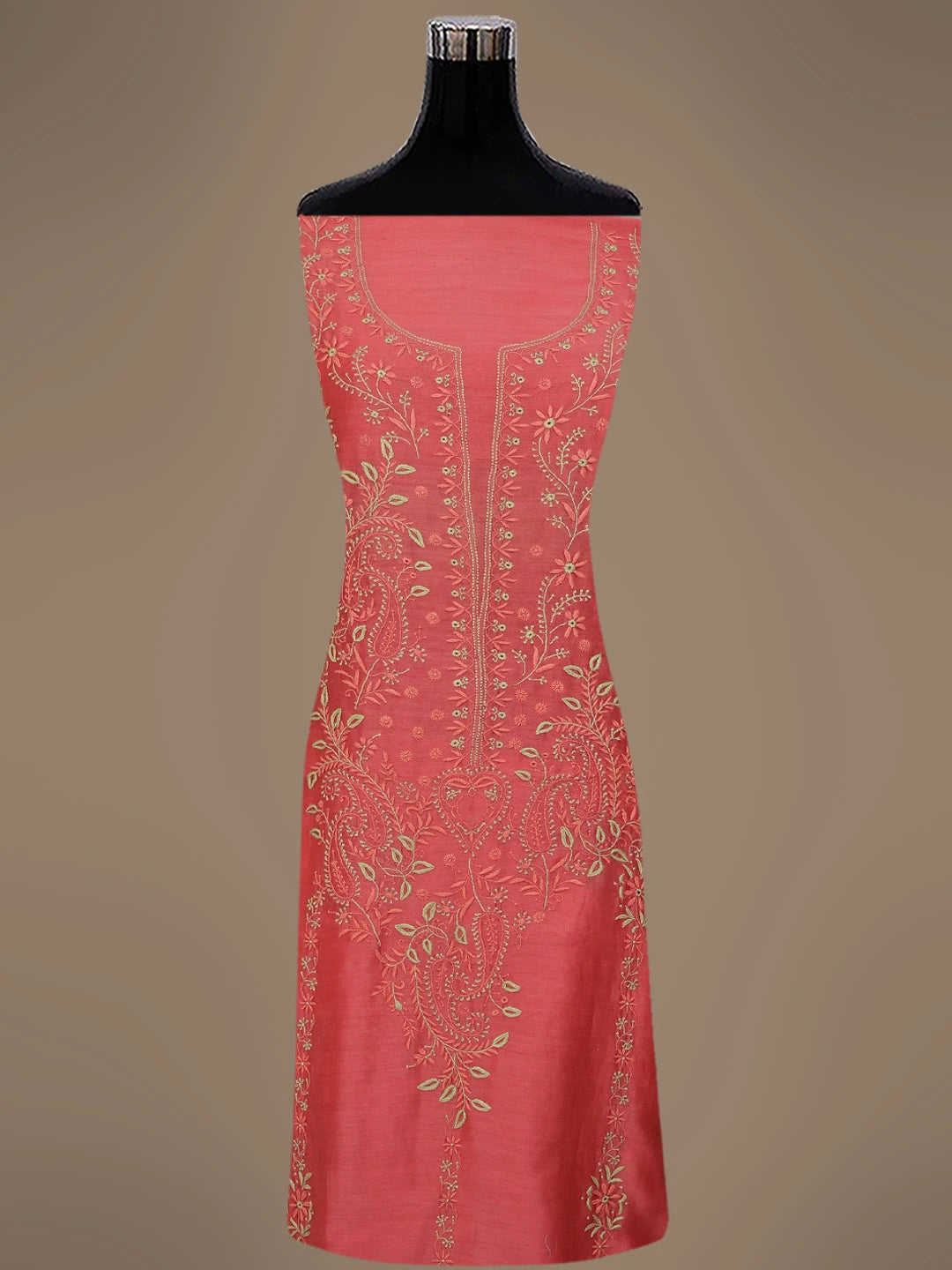 Ada Hand Embroidered Carrot Pink Chanderi Lucknowi Chikankari Unstitched Kurta Dupatta Set 01A689112
