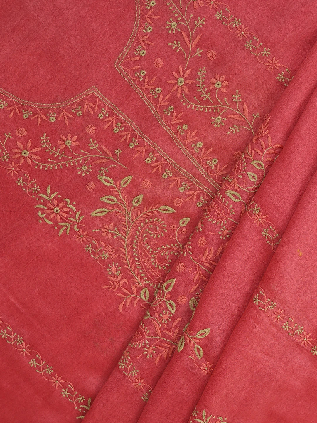 Ada Hand Embroidered Carrot Pink Chanderi Lucknowi Chikankari Unstitched Kurta Dupatta Set 01A689112