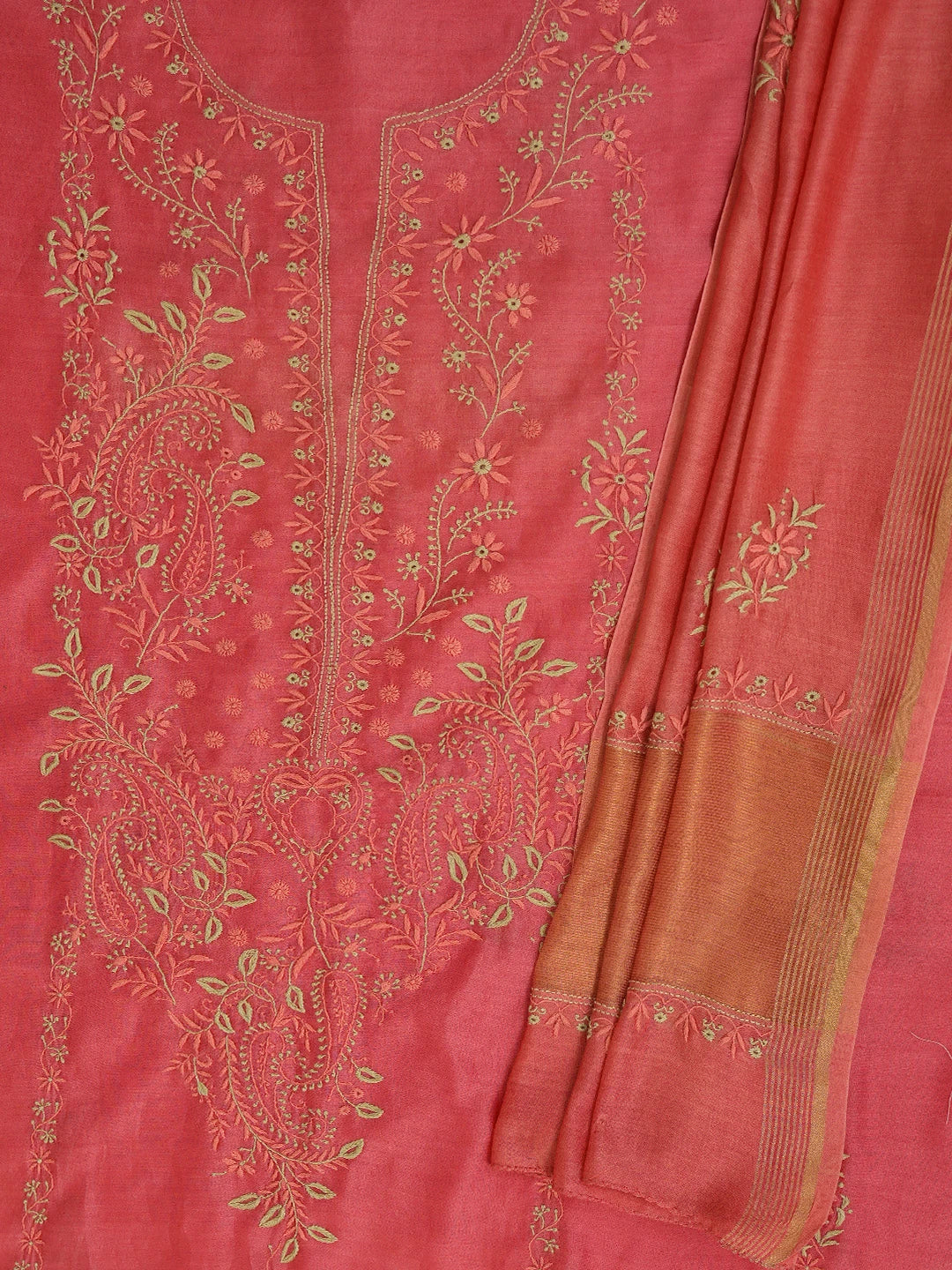 Ada Hand Embroidered Carrot Pink Chanderi Lucknowi Chikankari Unstitched Kurta Dupatta Set 01A689112