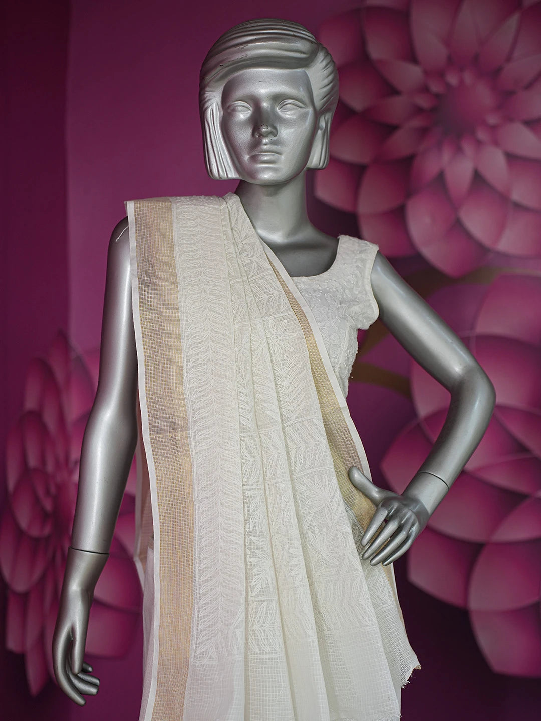 Ada Hand Embroidered White Kota Lucknowi Chikankari Saree and Blouse 01A711061