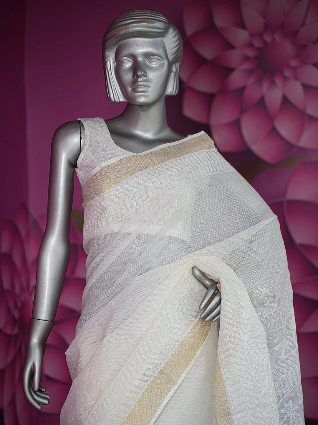 Ada Hand Embroidered White Kota Lucknowi Chikankari Saree and Blouse 01A711061