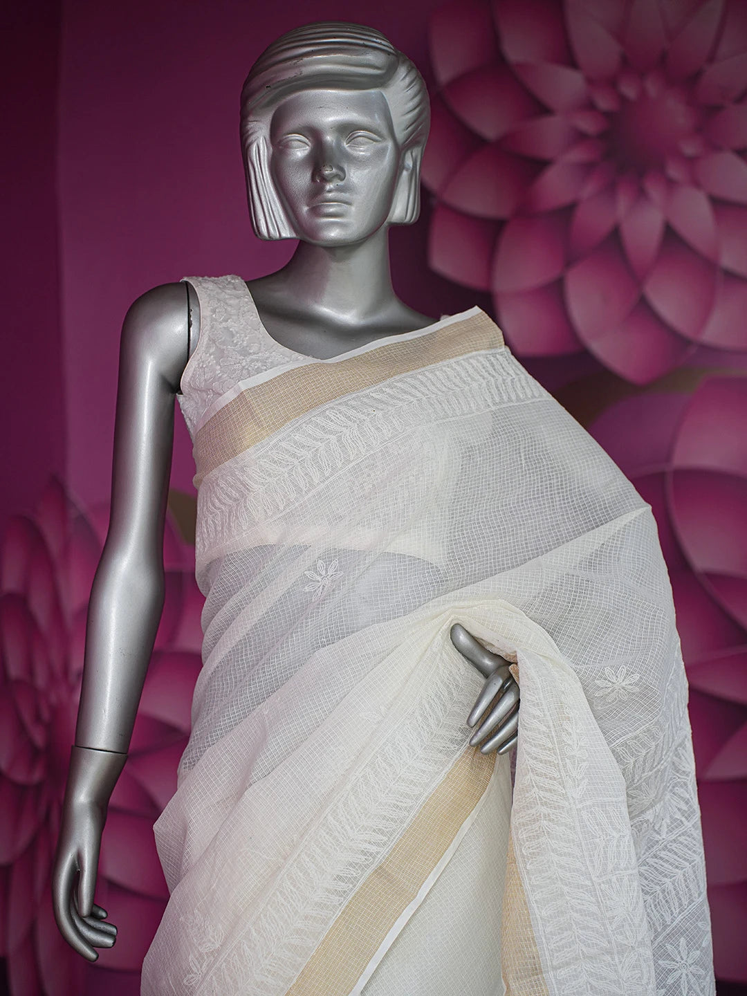 Ada Hand Embroidered White Kota Lucknowi Chikankari Saree and Blouse 01A711061