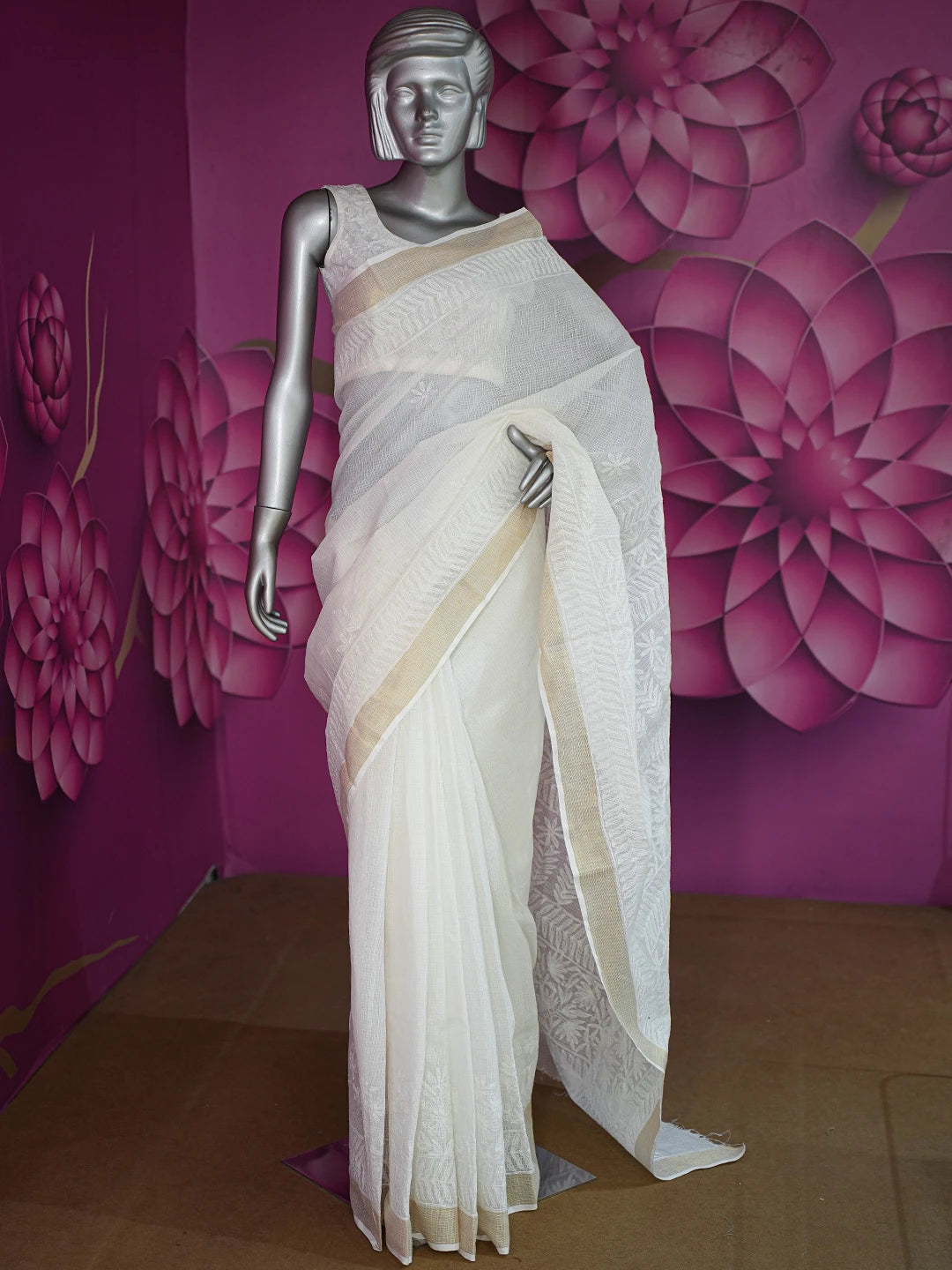 Ada Hand Embroidered White Kota Lucknowi Chikankari Saree and Blouse 01A711061