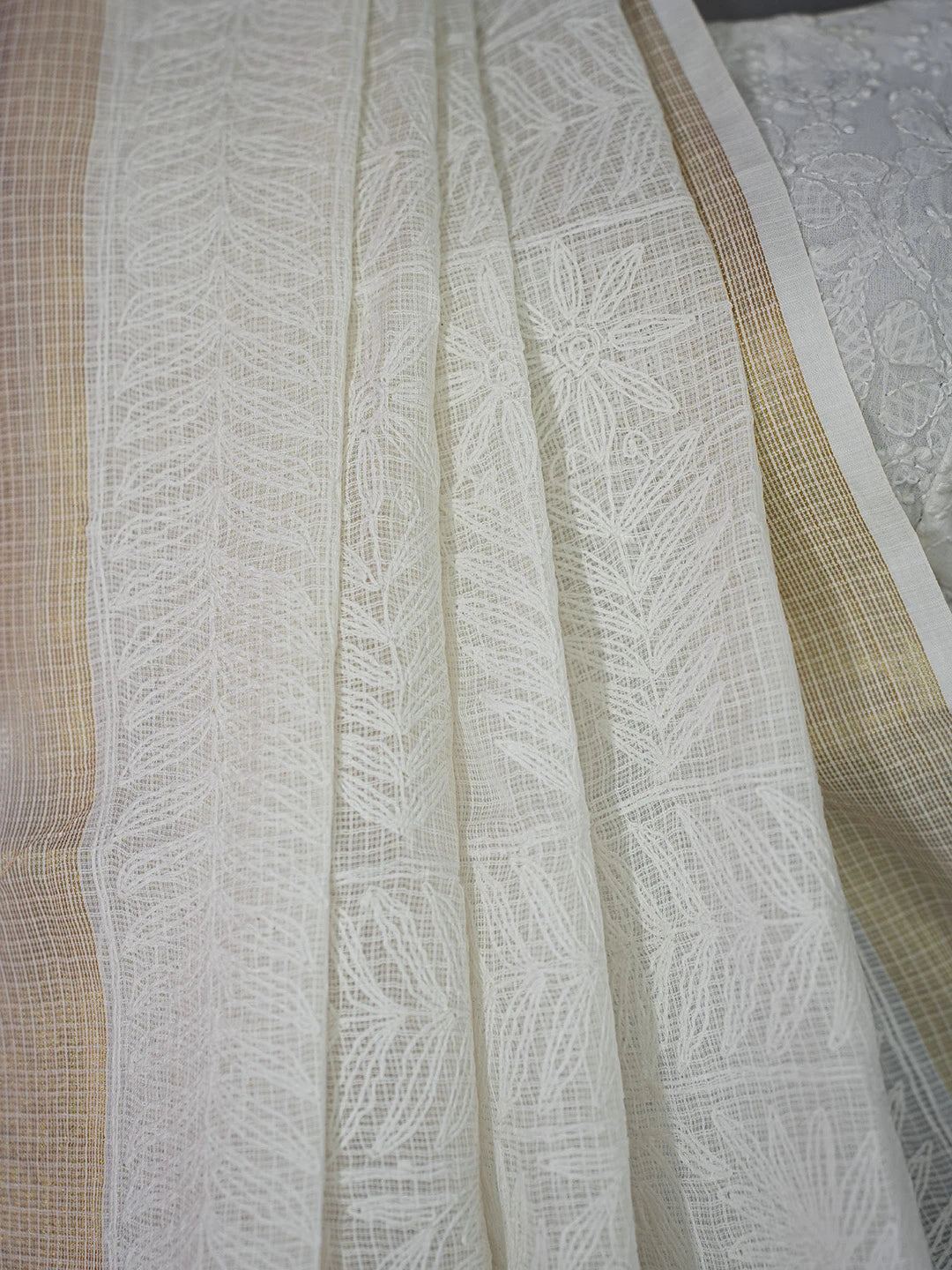 Ada Hand Embroidered White Kota Lucknowi Chikankari Saree and Blouse 01A711061