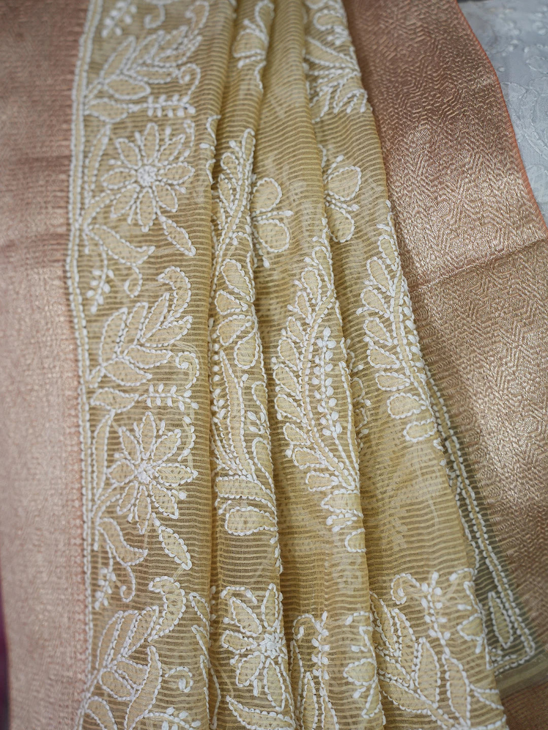 Ada Hand Embroidered Fawn Chanderi Lucknowi Chikankari Saree and Blouse 01A719804