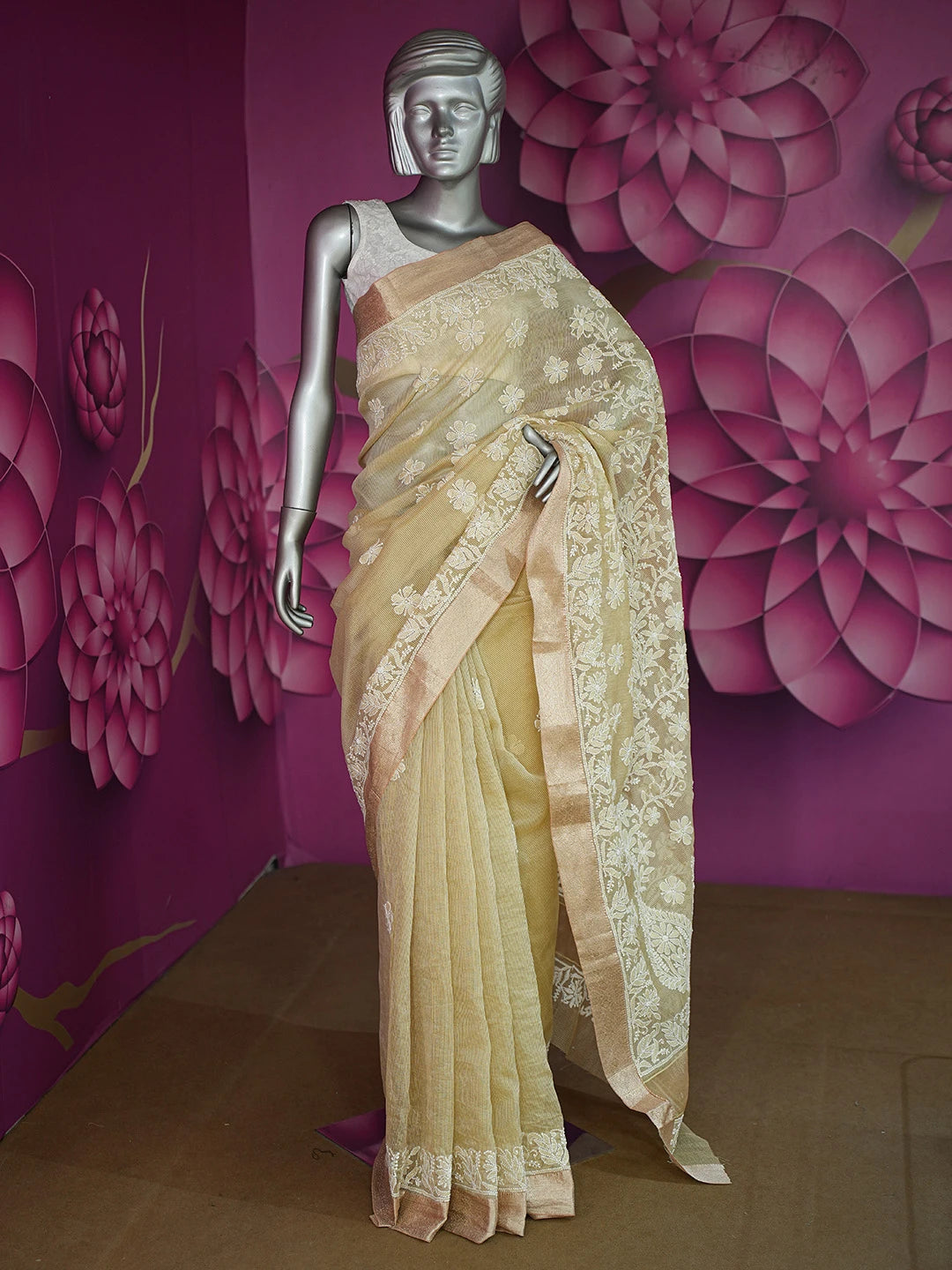 Ada Hand Embroidered Fawn Chanderi Lucknowi Chikankari Saree and Blouse 01A719804
