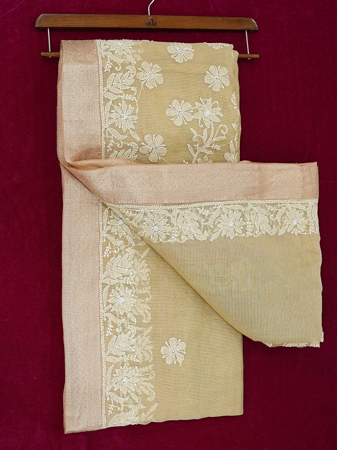 Ada Hand Embroidered Fawn Chanderi Lucknowi Chikankari Saree and Blouse 01A719804
