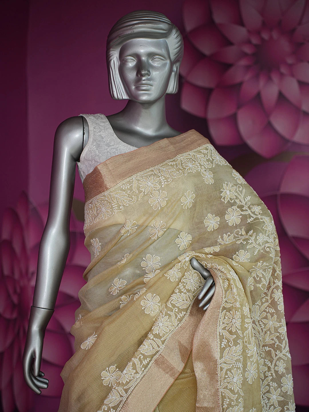 Ada Hand Embroidered Fawn Chanderi Lucknowi Chikankari Saree and Blouse 01A719804