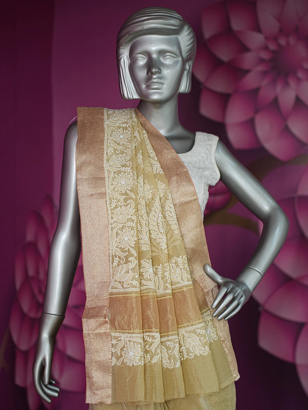 Ada Hand Embroidered Fawn Chanderi Lucknowi Chikankari Saree and Blouse 01A719804