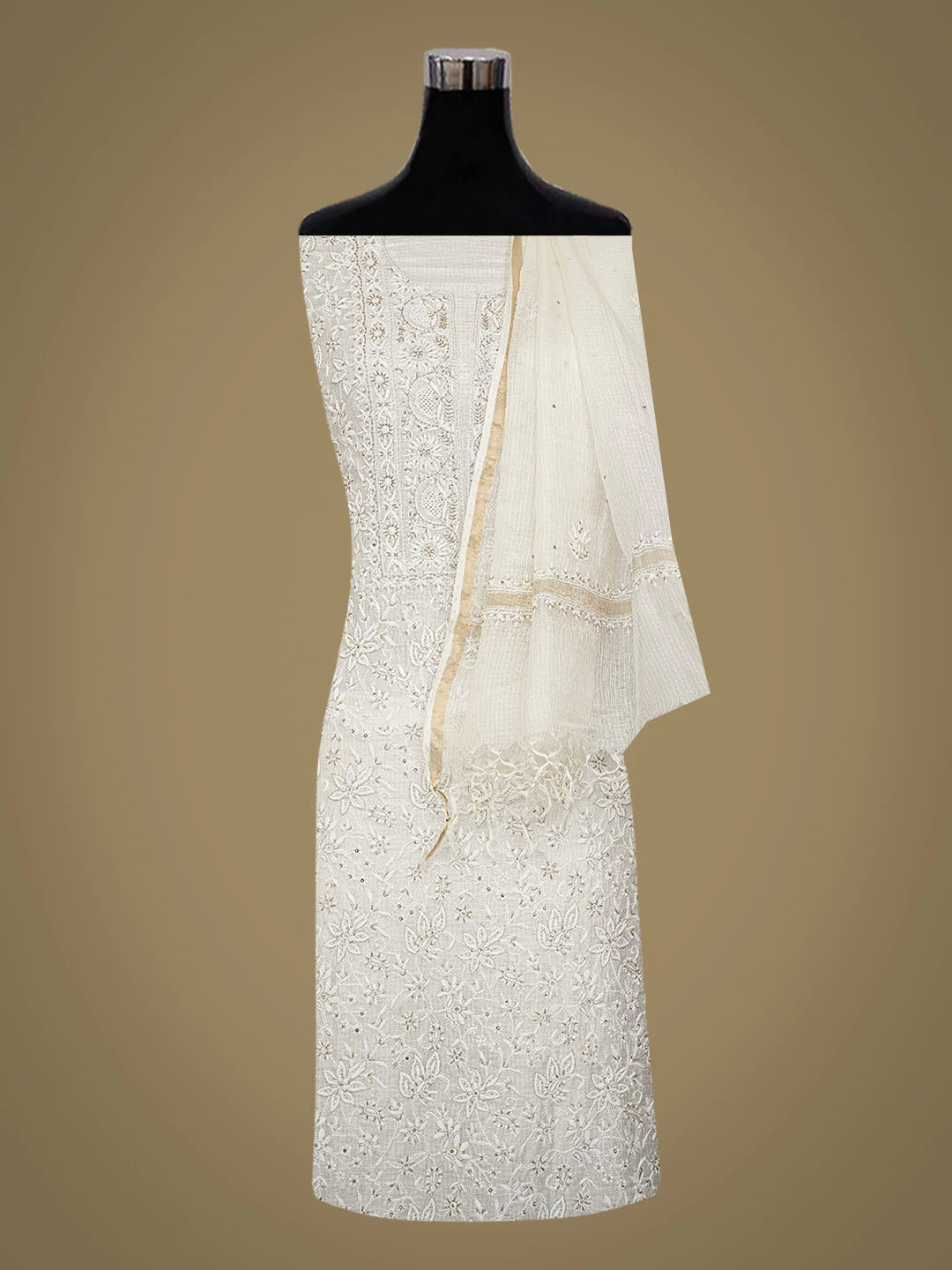 Ada Hand Embroidered White Kota Silk Lucknowi Chikankari Unstitched Kurta Dupatta Set With Pearl Work 01A664941